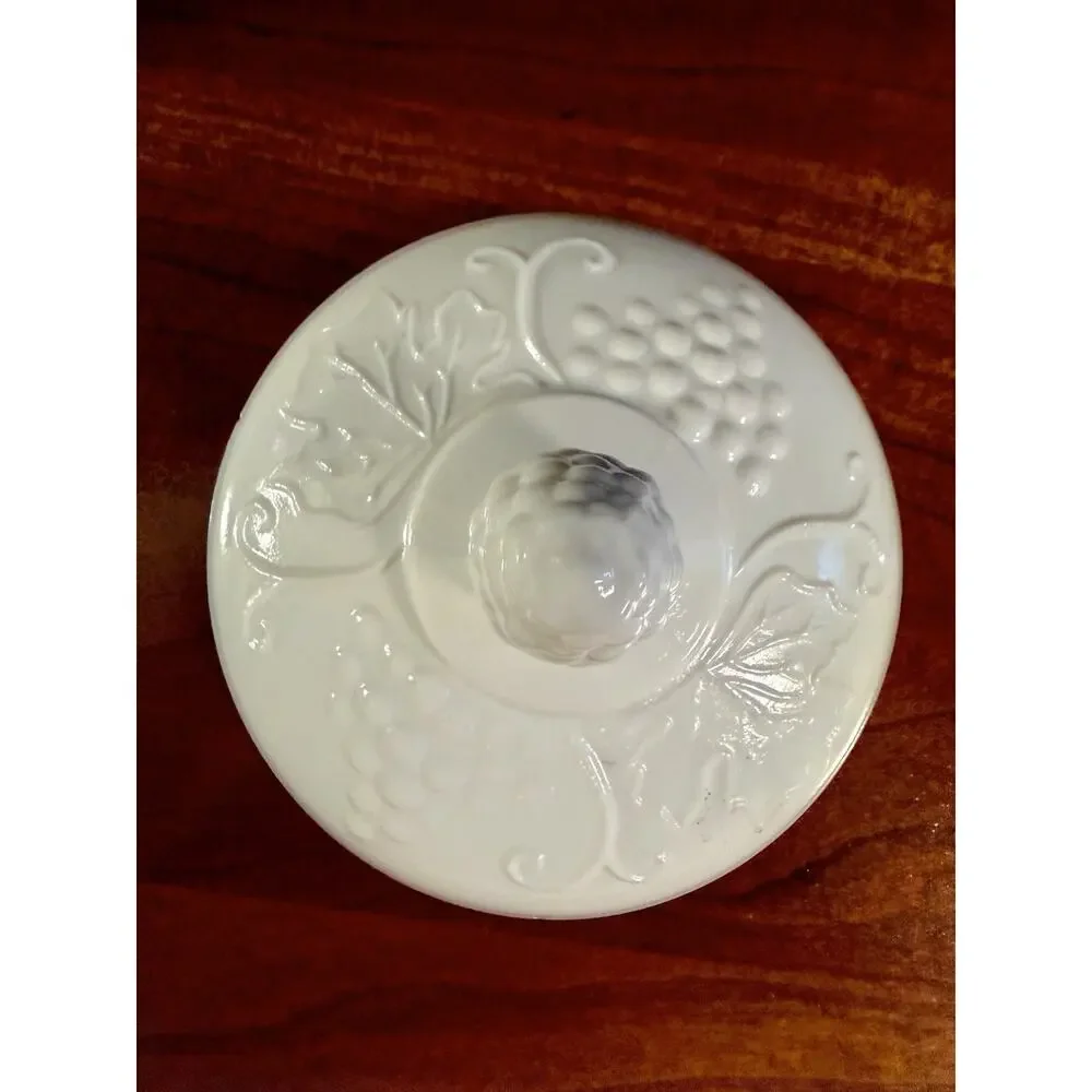Vintage Milk Glass Covered Compote Candy Dish Grape Vine Pedestal Open Lace